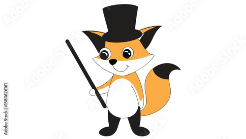 Cartoon fox character in a top hat holding a magic wand, cute and playful illustration