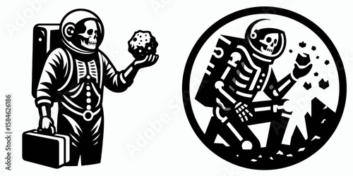 A Skeleton as Astronaut collecting rock samples curious. Skull Bones Skeletal Clipart Line Art Vector Illustration. Bony spaceman gathering stone specimen exhibiting wonder and interest.