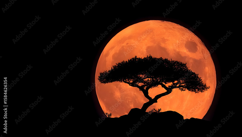 A striking silhouette of a lone tree against a vibrant orange full moon, creating a serene yet captivating night scene that inspires wonder and tranquility. A striking silhouette of a lone tree against a vibrant orange full moon, creating a serene yet captivating night scene that inspires wonder and tranquility.