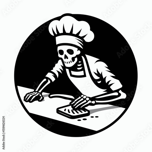 A Skeleton as Chef cleaning workstation diligently. Skull Bones Skeletal Clipart Line Art Vector Illustration. Bony cook tidying cooking space with effort neat kitchen setup.