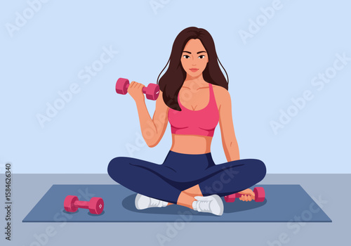 Fitness Woman Exercising with Dumbbells in Lotus Position on Yoga Mat for Strength and Wellness
