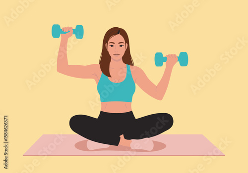 Woman's wellness journey Yoga and dumbbell exercises at home for strength and balance