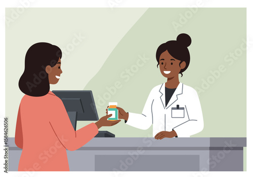 Pharmacist Serving Customer Illustrative Pharmacy Scene with Professional Service and Medication Transfer