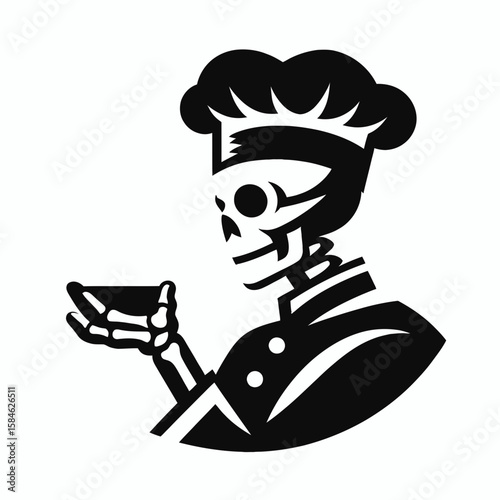 A Skeleton as Chef seasoning dish thoughtfully. Skull Bones Skeletal Clipart Line Art Vector Illustration. cook flavoring meal carefully showing great focus culinary.
