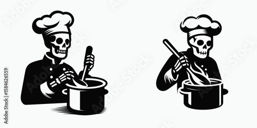 A Skeleton as Chef stirring pot with concentration. Skull Bones Skeletal Clipart Line Art Vector Illustration. Bony cook preparing meal in container displaying focus.