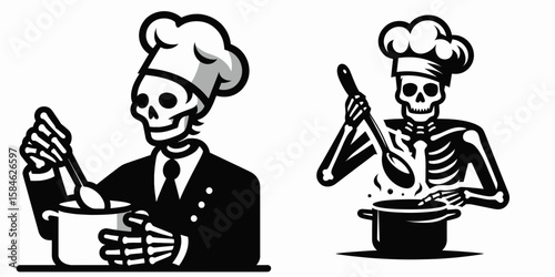 A Skeleton as Chef stirring pot with concentration. Skull Bones Skeletal Clipart Line Art Vector Illustration. .