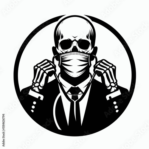 A Skeleton as Doctor adjusting surgical mask with determination. Skull Bones Skeletal Clipart Line Art Vector Illustration. Bony medic readies face cover resolve preparing for patient care.