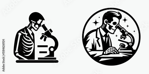 A Skeleton as Doctor looking through microscope with curiosity. Skull Bones Skeletal Clipart Line Art Vector Illustration. Bony medic views tiny objects interest using magnifier tool.