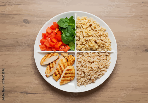 Balanced Meal Plate Chicken, Grains, Vegetables for Healthy Eating, Portion Control and Dietary Awareness