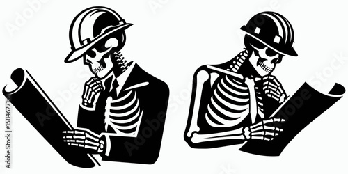 A Skeleton as Engineer examining blueprint intensely. Skull Bones Skeletal Clipart Line Art Vector Illustration. Bone man builder viewing plan carefully construction concept.