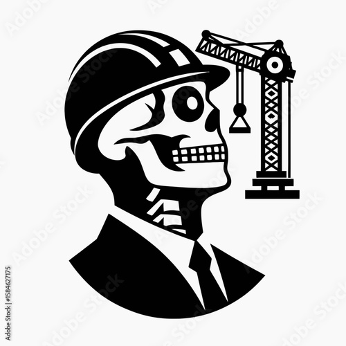 A Skeleton as Engineer operating crane with focus. Skull Bones Skeletal Clipart Line Art Vector Illustration. Bony constructor using hoist precision attention given to mechanism.