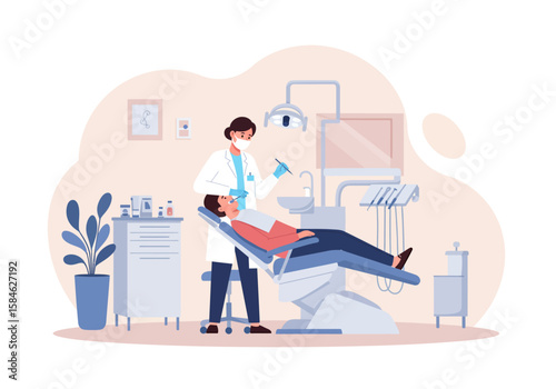 Dentist Examining Patient Oral Care and Dental Health in a Modern Clinic Setting | Vector Illustration
