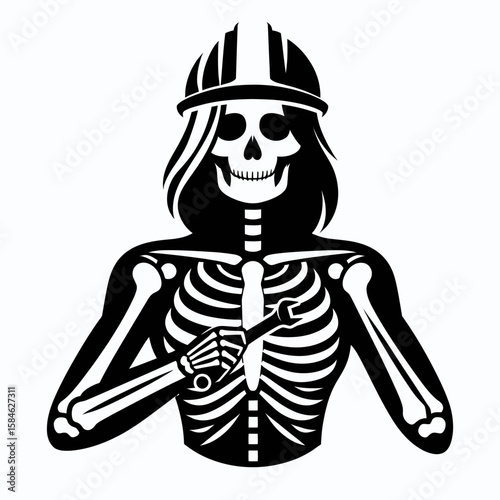 A Skeleton as Engineer using wrench with precision. Skull Bones Skeletal Clipart Line Art Vector Illustration. Bony mechanic fixing equipment tool exactness and cleverness.