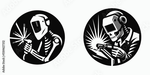 A Skeleton as Engineer welding with protective posture. Skull Bones Skeletal Clipart Line Art Vector Illustration. Bony construction worker using arc device safety stance at job location.