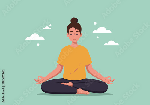 Serene Woman Meditating in Lotus Position for Wellbeing and Relaxation 