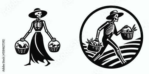 A Skeleton as Farmer carrying basket of produce. Skull Bones Skeletal Clipart Line Art Vector Illustration. Bony figure grower hauling crop holder abundant garden veggie.