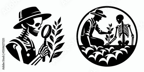 A Skeleton as Farmer inspecting plant leaves carefully. Skull Bones Skeletal Clipart Line Art Vector Illustration. Bony harvester examining foliage attentively checking crops for garden.