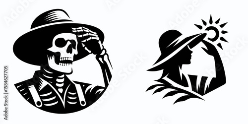 A Skeleton as Farmer wearing hat shielding sun. Skull Bones Skeletal Clipart Line Art Vector Illustration. Undead farm worker in headgear blocking daylight rural occupation concept.
