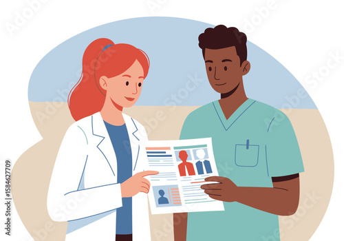 Medical Professionals Reviewing Patient Data Together in a Clinic Setting for Collaborative Healthcare