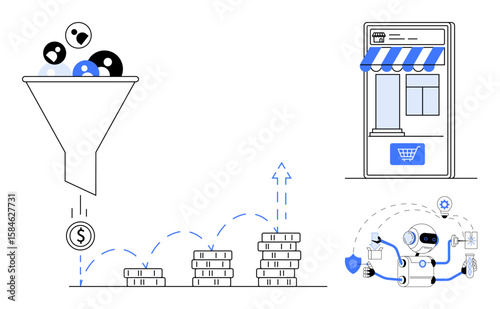 Funnel filters customer icons to generate sales, coins stack in increasing order, AI robot optimizes e-commerce shop. Ideal for marketing, AI, e-commerce, revenue growth, business strategy