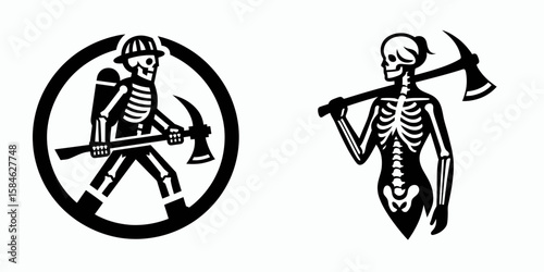 A Skeleton as Firefighter carrying axe determinedly. Skull Bones Skeletal Clipart Line Art Vector Illustration. Bony remains rescuer wielding hatchet with resolve emergency concept.