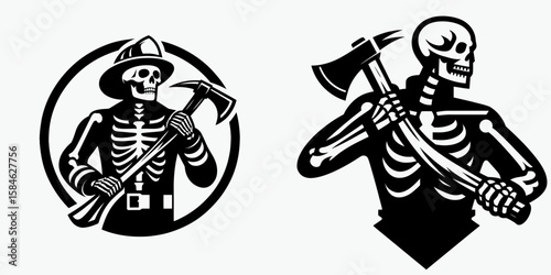 A Skeleton as Firefighter carrying axe determinedly. Skull Bones Skeletal Clipart Line Art Vector Illustration. Bony rescuer with hatchet brave spirit fighting blaze true hero.