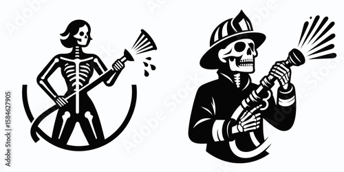 A Skeleton as Firefighter holding hose spraying water. Skull Bones Skeletal Clipart Line Art Vector Illustration. .