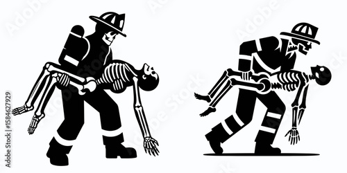 A Skeleton as Firefighter pulling victim to safety. Skull Bones Skeletal Clipart Line Art Vector Illustration. .