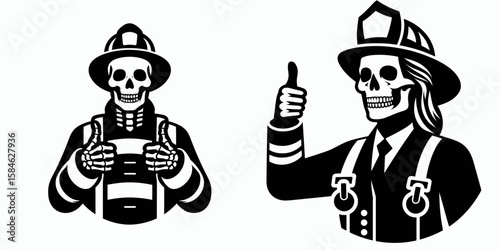 A Skeleton as Firefighter giving thumbs up proudly. Skull Bones Skeletal Clipart Line Art Vector Illustration. Bony rescuer alright gesture honorably brave inferno job well done.