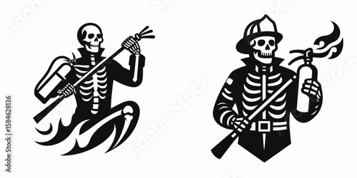 A Skeleton as Firefighter throwing fire extinguisher confidently. Skull Bones Skeletal Clipart Line Art Vector Illustration. .