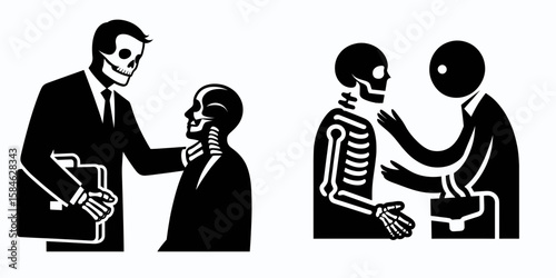A Skeleton as Lawyer advising client compassionate. Skull Bones Skeletal Clipart Line Art Vector Illustration. .