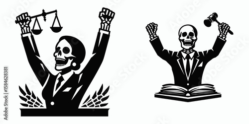 A Skeleton as Lawyer celebrating verdict relieved. Skull Bones Skeletal Clipart Line Art Vector Illustration. Bone advocate joy after trial outcome win brings calm for legal figure.