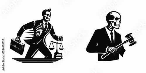 A Skeleton as Lawyer pacing courtroom intense. Skull Bones Skeletal Clipart Line Art Vector Illustration. .