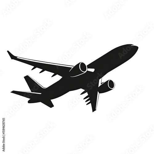 A simple black silhouette of an airplane, on a white background, in a vector style, with a flat design, using simple shapes