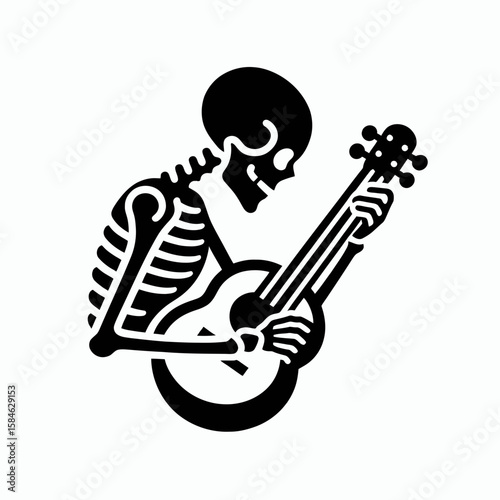 A Skeleton as Musician tuning instrument carefully. Skull Bones Skeletal Clipart Line Art Vector Illustration. Bony performer adjusting device precisely music genre preparation.
