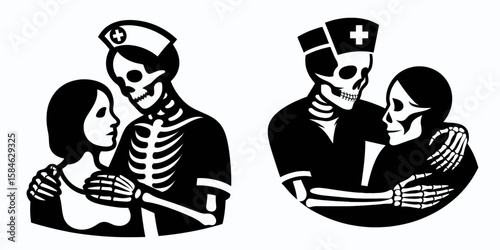 A Skeleton as Nurse comforting patient with caring look. Skull Bones Skeletal Clipart Line Art Vector Illustration. Bone figure aiding ill individual gentle attention health support .