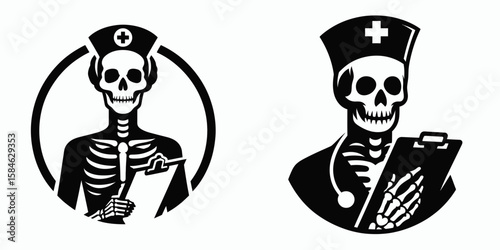 A Skeleton as Nurse holding clipboard attentively. Skull Bones Skeletal Clipart Line Art Vector Illustration. .