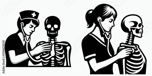 A Skeleton as Nurse checking pulse with concentration. Skull Bones Skeletal Clipart Line Art Vector Illustration. Boney caregiver measuring heart rate focus health job medical idea.