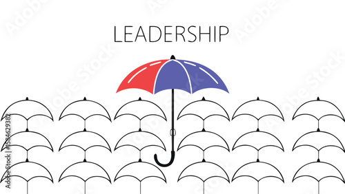 Leadership concept with unique colorful umbrella among many black umbrellas


