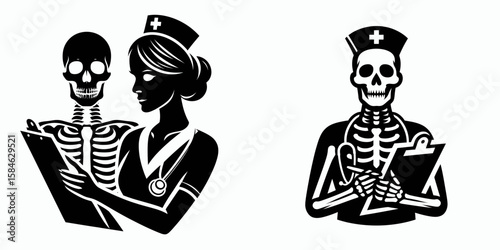 A Skeleton as Nurse holding clipboard attentively. Skull Bones Skeletal Clipart Line Art Vector Illustration. .