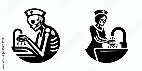A Skeleton as Nurse washing hands diligently. Skull Bones Skeletal Clipart Line Art Vector Illustration. Bony medic scrubbing palm methodically promoting germ free healthcare.
