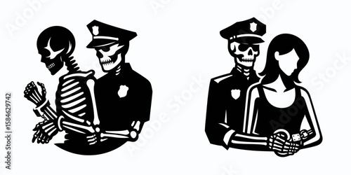 A Skeleton as Police officer handcuffing suspect with focus. Skull Bones Skeletal Clipart Line Art Vector Illustration. Bony figure law enforcer securing offender sharp image subject.