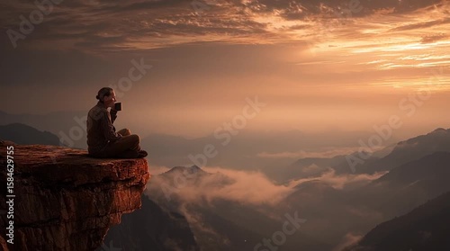 Person meditating on a cliff overlooking a misty mountain range at sunrise.