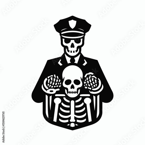A Skeleton as Police officer handcuffing suspect with focus. Skull Bones Skeletal Clipart Line Art Vector Illustration. Bone figure law agent arresting criminal clear picture.