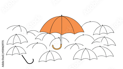 Leadership concept with unique colorful umbrella among many black umbrellas

