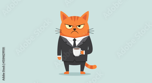 Cartoon illustration of an angry orange cat wearing a suit and tie, holding a coffee cup against a light blue background.