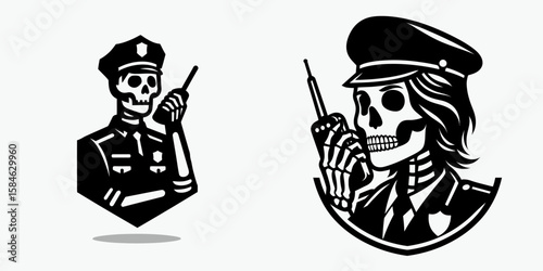 A Skeleton as Police officer radioing dispatch urgently. Skull Bones Skeletal Clipart Line Art Vector Illustration. Bony lawman contacting command center fast requiring backup right away.