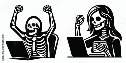 A Skeleton as Programmer cheering at success. Skull Bones Skeletal Clipart Line Art Vector Illustration. .