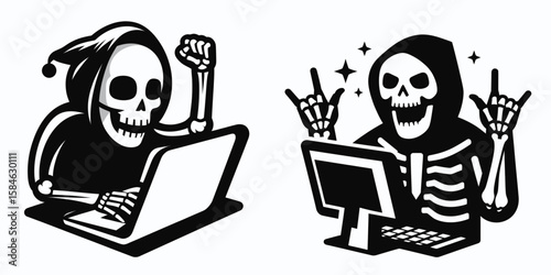 A Skeleton as Programmer cheering at success. Skull Bones Skeletal Clipart Line Art Vector Illustration. .