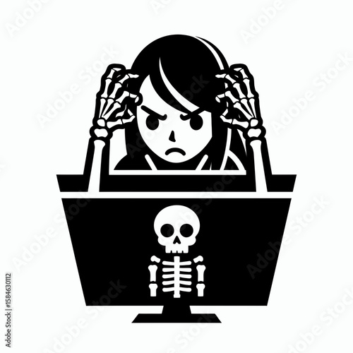 A Skeleton as Programmer debugging with frustrated frown. Skull Bones Skeletal Clipart Line Art Vector Illustration. .
